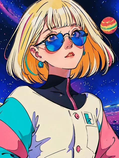 This 90s anime illustration features a blonde pin-up girl wearing kaleidoscopic sunglasses that reflect a vast space galaxy full of stars and planets within its lenses. The pin-up has a white bob haircut and exudes a far-out aesthetic with a superrealism a...