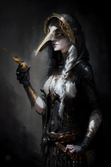 arafed woman in a plague mask holding a sydel, fantasy genre portrait, dark fantasy female magician, plague doctor, the plague doctor, dark fantasy character design, portrait of a bloodborne hunter, dark fantasy style art, female occultist, in style of dar...