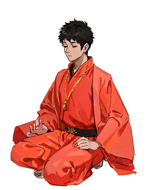 red clothing，young male，hands on knees，meditate，