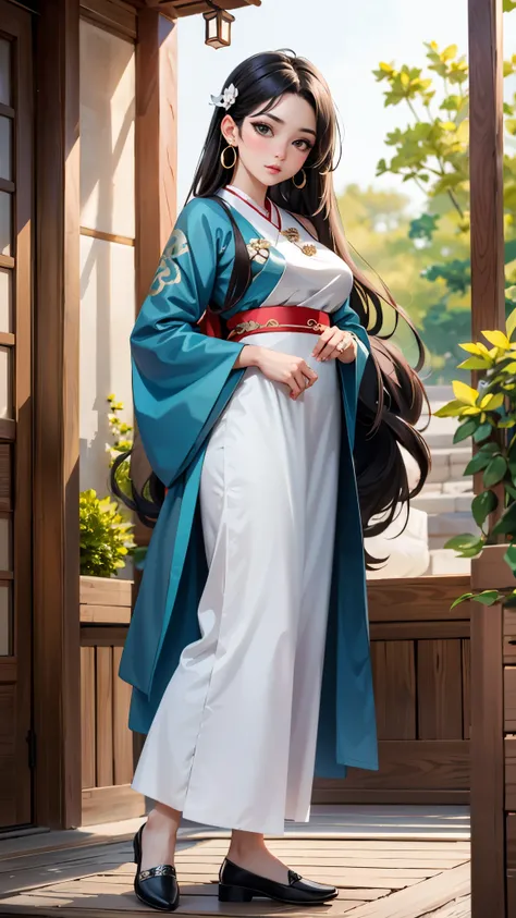 1girl, wearing Hanfu, lotus leaf, best quality, master, (full body: 1), highres, pretty face, hair accessories, (big breasts: 1) (solo: 1), looking at viewer, lips, dress, heal order , necklace, jewelry, (ridiculous long hair: 1.4), earrings, Hanfu, archit...