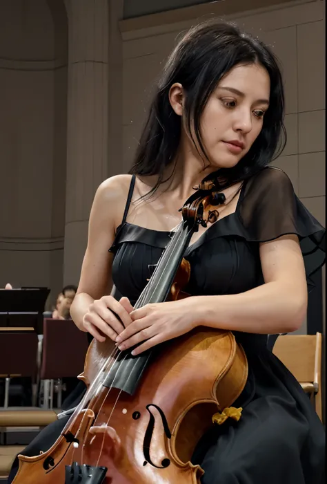 Outrageous resolution、​masterpiece++、top-quality++、ultra-definition++、ultra-definition++、4k++、8k++、from side、（Background Focus）++、（（1）））+++Dressed woman praises black-haired mature woman playing cello in dress at concert venue on battlefield destroying cit...