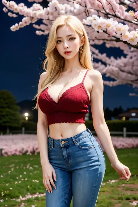 ((highest quality)), ((masterpiece)), (be familiar with), perfect face, double eyelid, (beautiful eyes, Big eyes), middle hair, blonde, beautiful breasts, You can see a little cleavage, red knit, jeans, outstanding style, dynamic pose, (night:1.4), ((A lar...