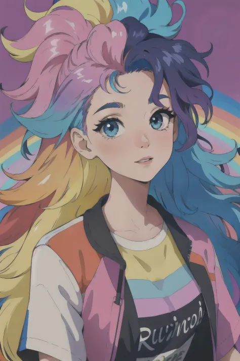 masterpiece, best quality, Girl with rainbow hair, really wild hair, I，Bright colors，phone wallpaper，9:16 formats