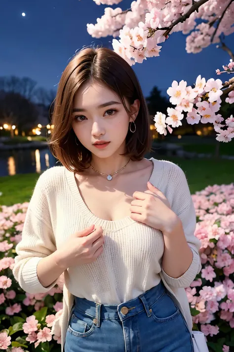 ((highest quality)), ((masterpiece)), (be familiar with), perfect face, double eyelid, (beautiful eyes, Big eyes), short hair, brown hair, beautiful breasts, knit, jeans, outstanding style, dynamic pose, (night:1.4), ((A large amount of cherry blossom tree...