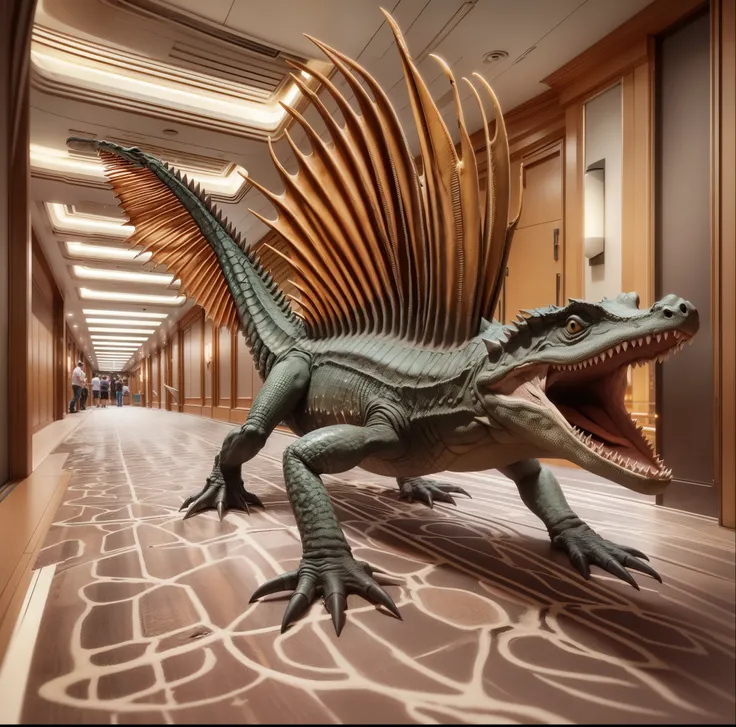 close up of a four-legged Dimetrodon alligator/lizard with jaws and a distinctive sail-like structure on their back, supported by a single row of elongated neural spines, causing mayhem on the insidedeck of a cruise ship, 