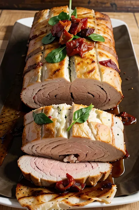 his picture shows a pork loin that has been rolled up and stuffed with a mixture of spinach, sun-dried tomatoes, and cheese. The pork loin is then wrapped in bacon and roasted. The pork loin is sliced into thick slices and served.

