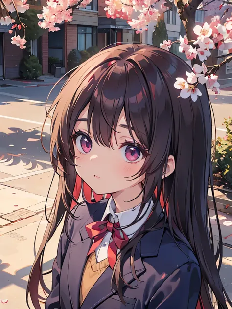 Cherry tree、、highest quality, 20 year old female,Shadow, brown long hair、Navy blazer with red ribbon 、red-purple eyes、,Upper body,random reflections,natural skin texture,Face looking up,drooping corners of the eyes,soft light,sharp,