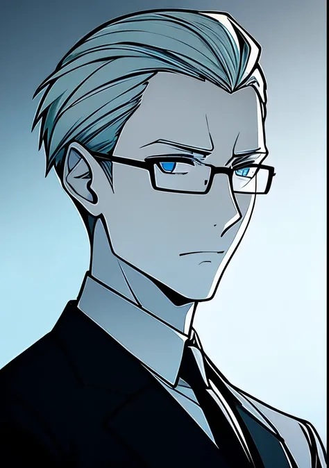 Adult male, white and tender skin, pale blonde slicked back combed short hair, steel blue eyes, green and slightly mature, serious and emotionless facial expression,wearing a black suit jacket, white collar shirt, black tie and suit pants and glasses, port...