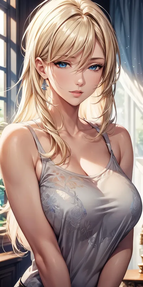 portrait, elegant mature woman, blue eyes, blonde hair, big breast, ultra detailed cg 8k, beautiful cg, soft light