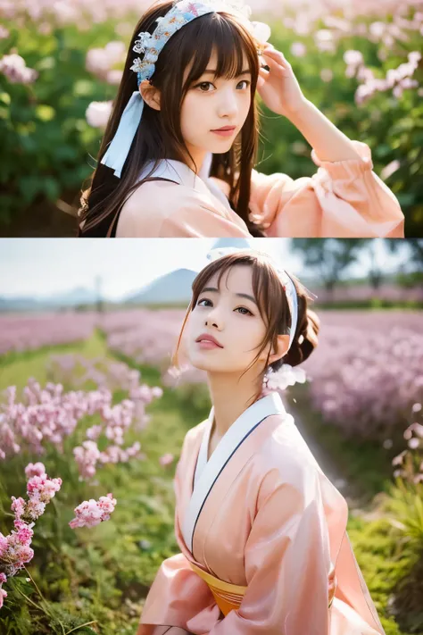 Complements the image of a beautiful Japanese woman wearing Japanese clothes in a peach blossom field。.。. Amplifies the dynamism and emotional depth of facial expressions and poses。。。。、Capture the essence of anime more effectively. use deeper, Create visua...