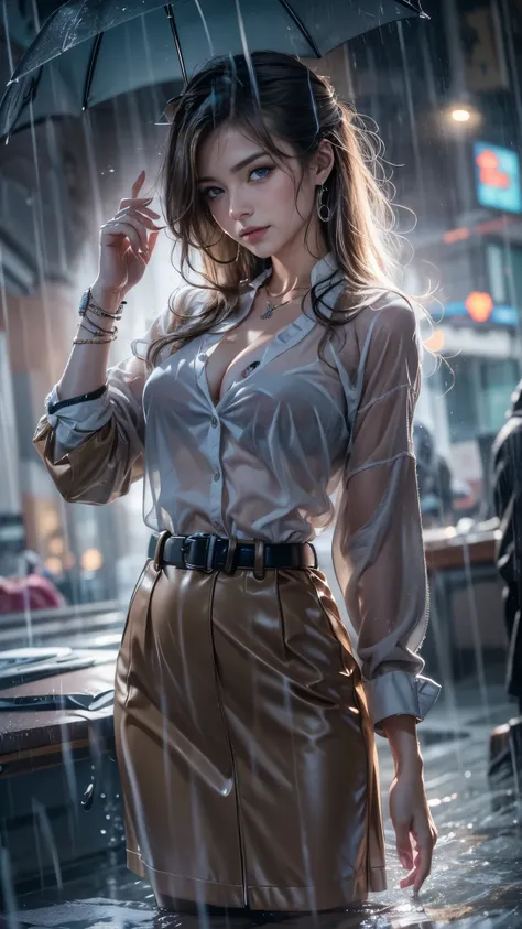 (RAW shooting, Photoreal:1.5, 8K, highest quality, masterpiece, ultra high resolution), perfect dynamic composition:1.2, Night street corner of a modern city, look up at the sky:1.3, (((Typhoon heavy rain))), Highly detailed skin and facial textures:1.2, S...