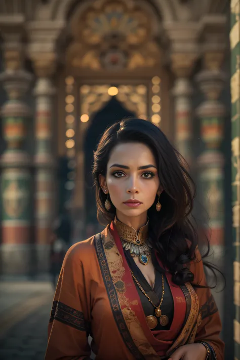 A beautiful woman,orientalisch wirkende frau,orientalisch gekleidet,Beautiful woman in the foreground,stadt weit im hintergrund,Beautiful woman looks at the camera,vor schwarzem hintergrund,blur