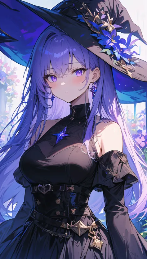 (masterpiece, best quality:1.2), 1 girl, bare shoulders, black headdress, chest, earrings, flower, have, jewelry, long hair, loo...