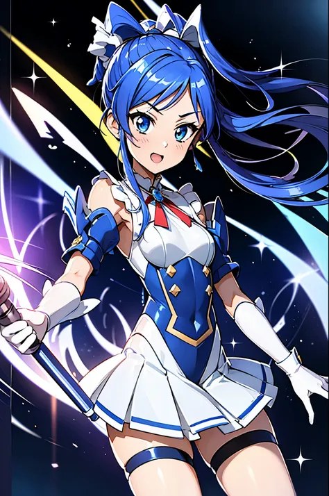 ,aikatsu,1 girls,in senki zesshou symphogear style , blue long hair,side pony tail,blue and white battle suit,break,ultra-defini...