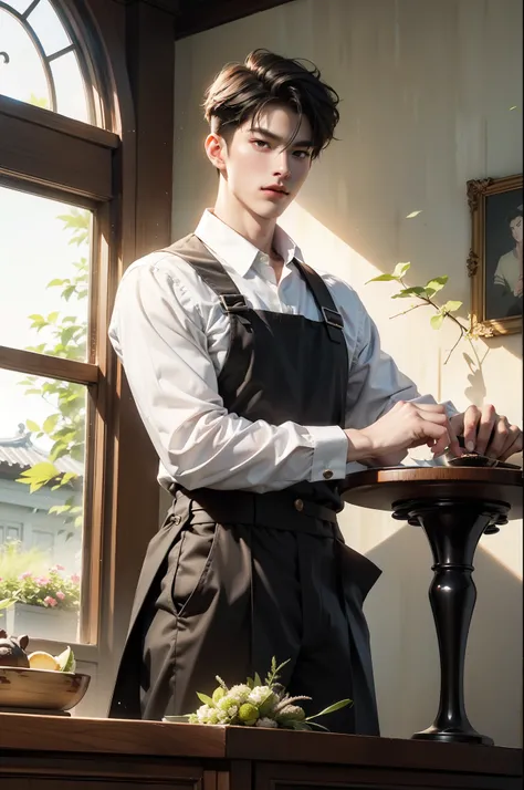 there is a man standing at a table with a knife in his hand, cai xukun, inspired by Bian Shoumin, by Zhou Fang, inspired by Zhang Han, inspired by Yanjun Cheng, by Yang J, inspired by Ding Yunpeng, sakimichan frank franzzeta, handsome guy in demon slayer a...