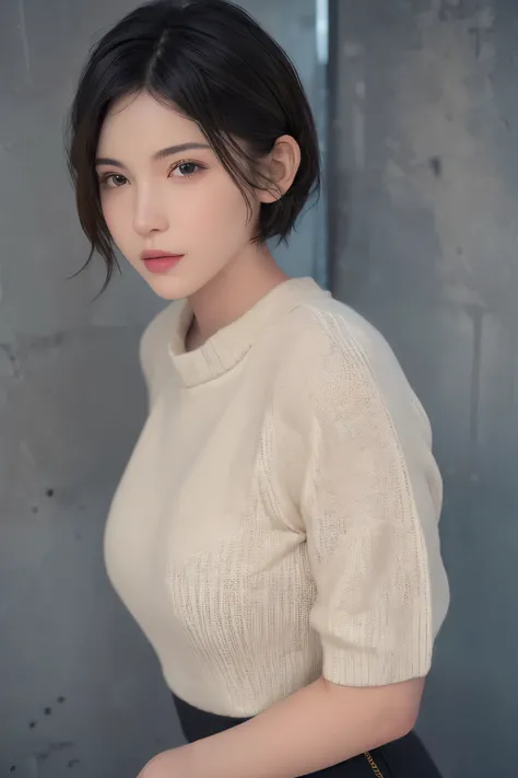 (masterpiece:1.3), (8k, lifelike, original photo, best quality: 1.4), (1 girl), pretty face, (lifelike的脸), (black hair, short hair:1.3), beautiful hairstyle, lifelike的眼睛, Beautiful and delicate eyes, (lifelike的皮肤), Beautiful skin, (sweater), Ridiculous, at...