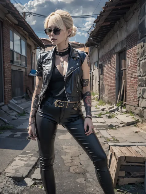 sunglasses, faded jeans, laminate pants、long legs、boots、rivet,  Lock, tattoo、bad girl、ruined town、Broken brick building、back alley