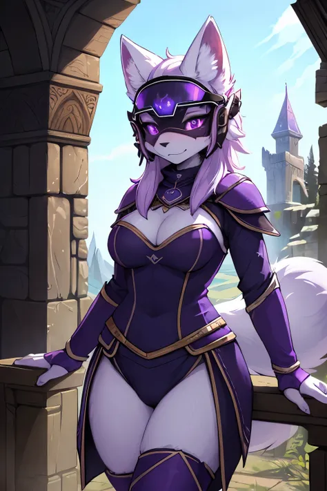 ((best quality, masterpiece, perfect anatomy, detailed picture)), 1female, arctic protogen, arctic fox, long visor, purple visor, purple eyes, sexy body, Nightingale outfit, (Skyrim), jewelry, fluffy tail, red blushing, shy, in the ruins, 