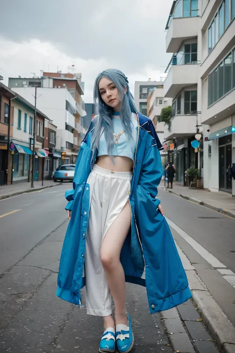 Blue-haired Dreamer: Drift into a world of fantasy with our blue-haired dreamer, her serene pose exuding tranquility and grace as she showcases her unique style in a fashionable ensemble against the urban landscape.