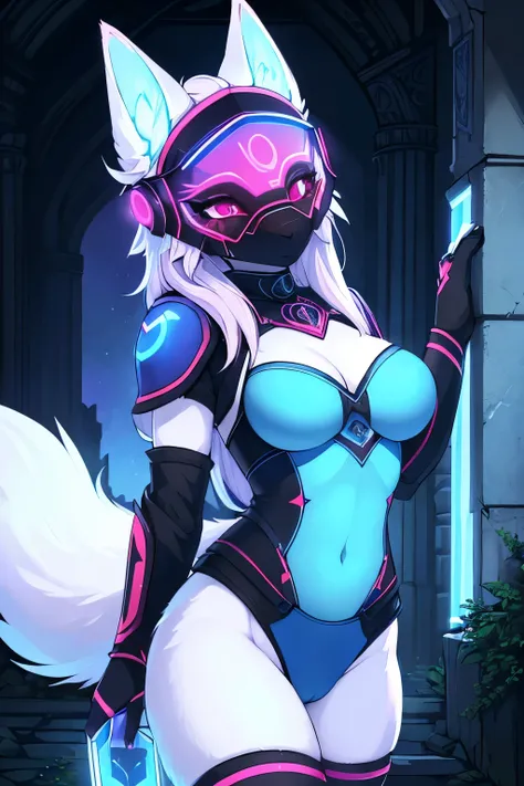 ((best quality, masterpiece, perfect anatomy, detailed picture)), 1female, arctic protogen, arctic fox, long visor, blue visor, ruby eyes, sexy body, ((hair blue neon color)), Nightingale outfit, (Skyrim), fluffy tail, red blushing, shy, in the ruins,