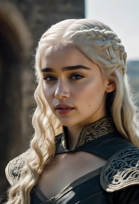 Daenerys Targaryen played by Emilia Clarke, Daenerys Targaryen, Queen Daenerys Targaryen, An amazing portrait of a beautiful young brunette woman Queen in dark dress, fluffy hair, mediaeval ponytail, great facial feature, perfect eyes, ultra realistic eyes...