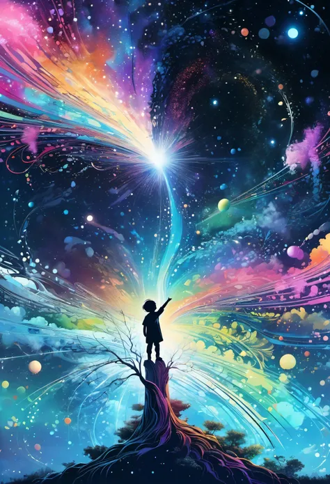 A 5-year-old child,Pointing to distant cosmic nebulae,leaning against tree,(Seven colors of hair:1.5),smile to one side,stretch out your hand,Exquisite facial features,blue eyes,fair,happy,fair castle in the distance,Surrealism,The light of magic and techn...