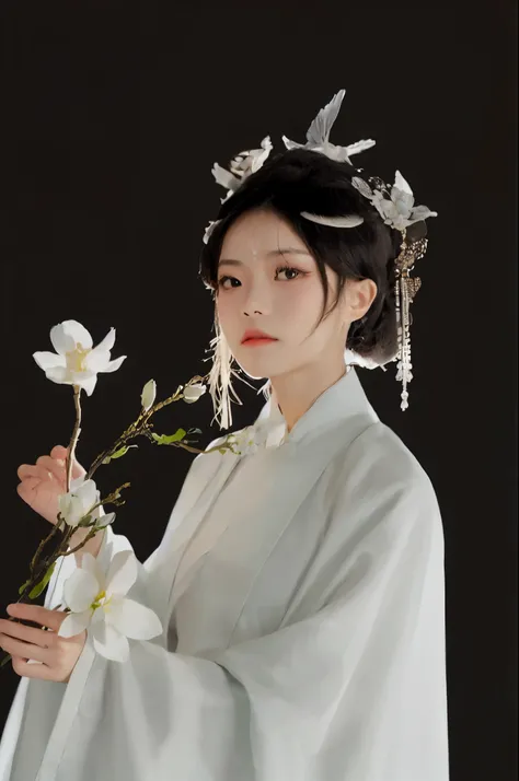 Asian woman in white dress holding a white flower and a white flower, 白色Hanfu, hanfu, palace ， 一个穿着Hanfu的女孩, Pair with Chinese clothing, wearing chinese clothes, , Chinese traditional clothing, Chinese style, Hanfu