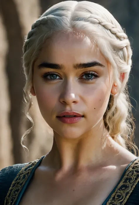 Daenerys Targaryen played by Emilia Clarke, Daenerys Targaryen, Queen Daenerys Targaryen, An amazing portrait of a beautiful young brunette woman Queen in dark dress, fluffy hair, mediaeval ponytail, great facial feature, perfect eyes, ultra realistic eyes...