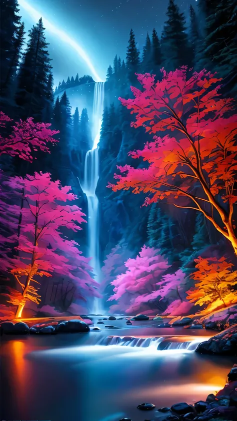 painting of a waterfall in a forest with a waterfall in the background, pink waterfalls, stunning waterfall, beautiful art uhd 4 k, colorful glow, forest and waterfall, beautiful iphone wallpaper, beautiful digital painting, beautiful painting of a tall, w...