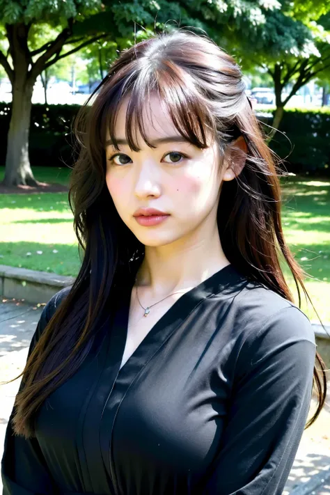 (8k, best quality, masterpiece, ultra highres:1.2) Photo of Pretty Japanese woman
 in the (style of paul rubens and rebecca guay:1.1) (melancholy city park:1.4),smile