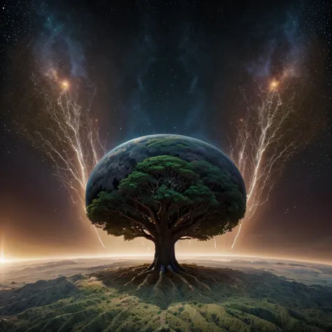 there is an image of a tree with a planet in the middle., world tree, world tree, space tree of life, mother earth, tree of life...