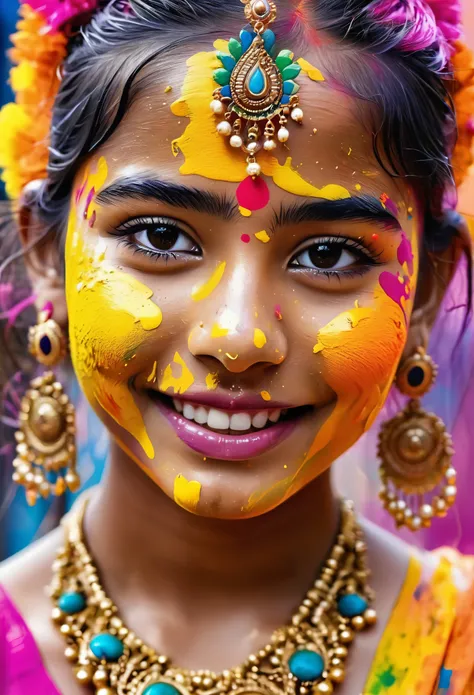 (best picture quality，4K,8k，HD，masterpiece:1.2)，Super detailed，(lifelike，lifelike，lifelike:1.37)。Indian festivals，painting festival，ink splatter：1.37，splatted paint：1.37.Beautiful little indian girl posing，Face painted with colorful paint，golden eyes，exqui...