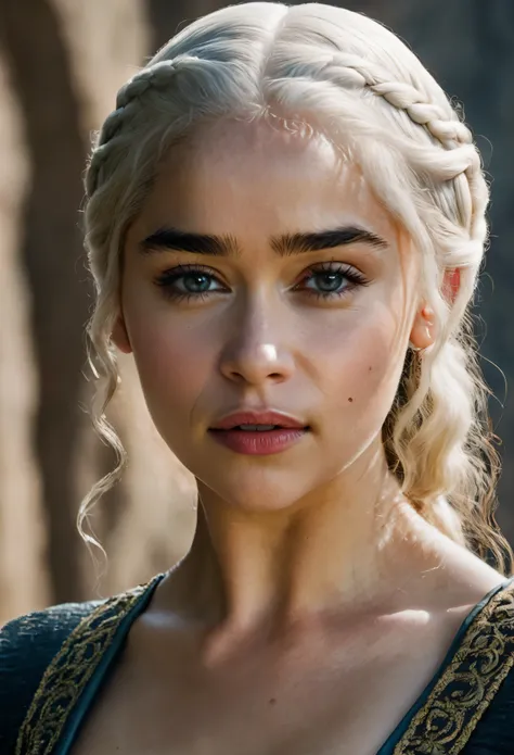 Daenerys Targaryen played by Emilia Clarke, Daenerys Targaryen, Queen Daenerys Targaryen, An amazing portrait of a beautiful young brunette woman Queen in dark dress, fluffy hair, mediaeval ponytail, great facial feature, perfect eyes, ultra realistic eyes...