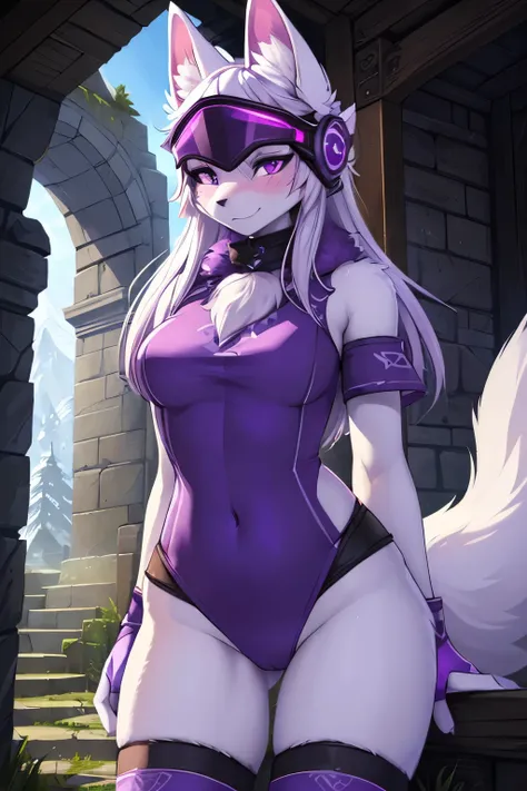 ((best quality, masterpiece, perfect anatomy, detailed picture)), 1female, arctic protogen, arctic fox, long visor, purple visor, purple eyes, sexy body, Nightingale outfit, (Skyrim), legwear, fluffy tail, red blushing, shy, in the ruins, portrait, illustr...