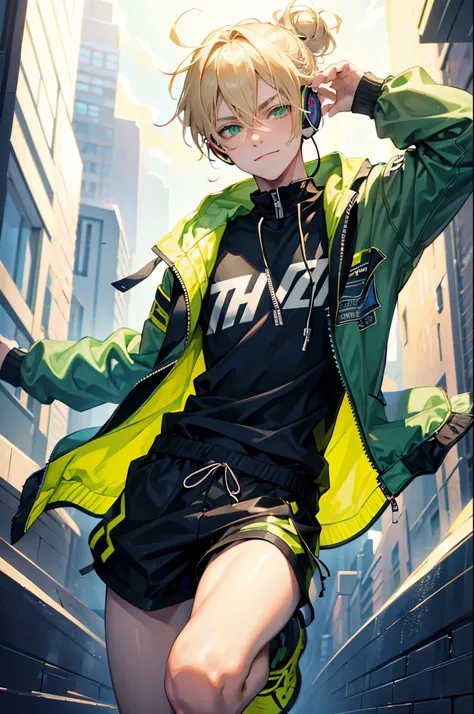 1boy, male, blonde hair, messy bun, green eyes, smirking, black jacket, racing jacket, hoodie, wearing headphones, fully body