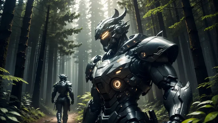 good quality, ultra high resolution，masterpiece, 8K，（reality，detail）night，Two people wearing technological armor，Future Warrior，in the forest，patrol（whole body effect），from head to foot