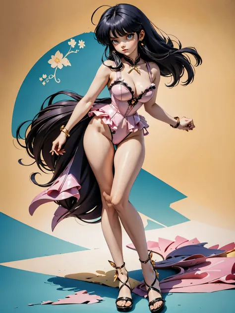 Dark-haired anime girl in pink and black swimsuit and corset, 16 anos, corpo bonito, seios grandes, com as hands on chest, hands on chest, Garota sensual, purple cabelo, mechas de cabelo laterais, mechas de cabelo na lateral do rosto, beautiful lighting, s...