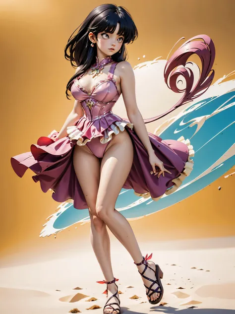 Dark-haired anime girl in pink and black swimsuit and corset, 16 anos, corpo bonito, seios grandes, com as hands on chest, hands on chest, Garota sensual, purple cabelo, mechas de cabelo laterais, mechas de cabelo na lateral do rosto, beautiful lighting, s...