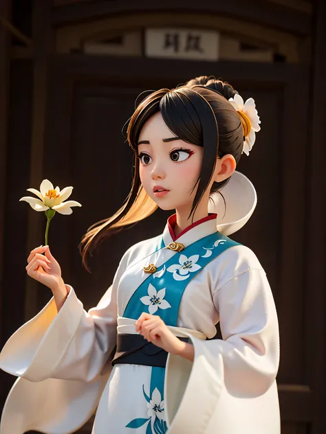 Asian woman in white dress holding a white flower and a white flower, 白色Hanfu, Hanfu， palace ， 一个穿着Hanfu的女孩, Pair with Chinese clothing, wearing chinese clothes, Chinese traditional clothing, Chinese style, Hanfu，Disney style,pastel color, mockup, fine，lus...