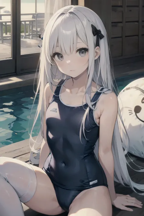 High quality、highest quality、complete limbs、Ultra high definition、vivid colors、full finger、black eyes、slender beauty、wearing knee highs、school swimsuit、all white school swimsuit、surprised、resort hotel