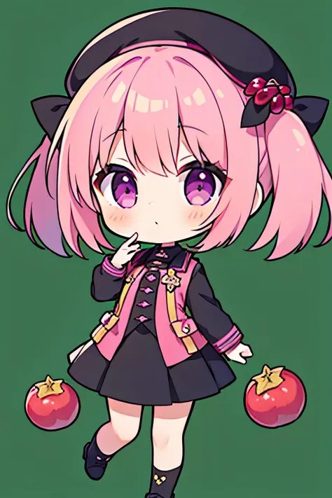 girl,lady,pomegranates,black uniform,pink hair,purple eyes,twin tails,short hair,black beret,full body,green background