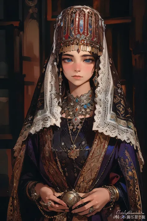 masterpiece, top quality, best quality, official art, Beautiful and beautiful:1.2), (1 girl)，armenian clothing，West Asian style, Very detailed,(fractal art:1.2),colorful，A profound and introspective portrait，(black hair)，(blue eyes)，lace veil，Gorgeous and ...