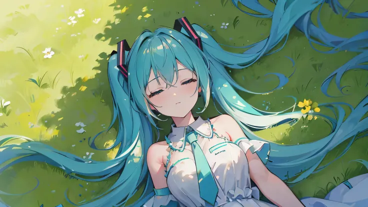 Hatsune Miku, blouse, field, lie down with your eyes closed, Angle from above, landscape, Light transmission, (masterpiece), (Best Quality, 8K, High resolution), Ultra-detailed