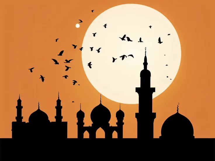 silhouette of a mosque with birds flying in front of it, with beautiful mosques, mosque, karachi skyline background, sufism, mor...