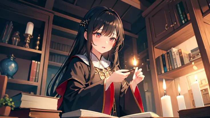 1 girl, wizard, wizardの帽子,robe, black hair , Depth of the bounds written, candle, bookshelf, lanthanum, inflammation, night