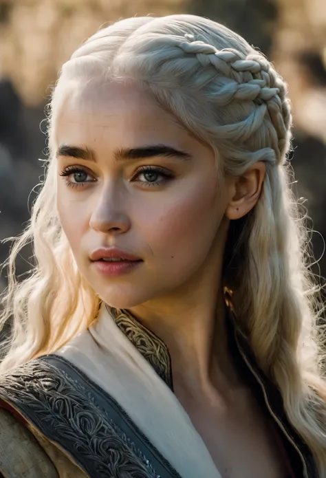 Daenerys Targaryen played by Emilia Clarke, Daenerys Targaryen, wearing transparent olympian goddess linen clothes,Queen Daenerys Targaryen, An amazing portrait of a beautiful young brunette woman Queen in dark dress,admirable, adorable, alluring, angelic,...