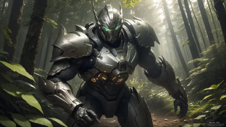 good quality, ultra high resolution，masterpiece, 8K，（reality，detail）A man wearing technological armor，Future Warrior，in the forest，Search target