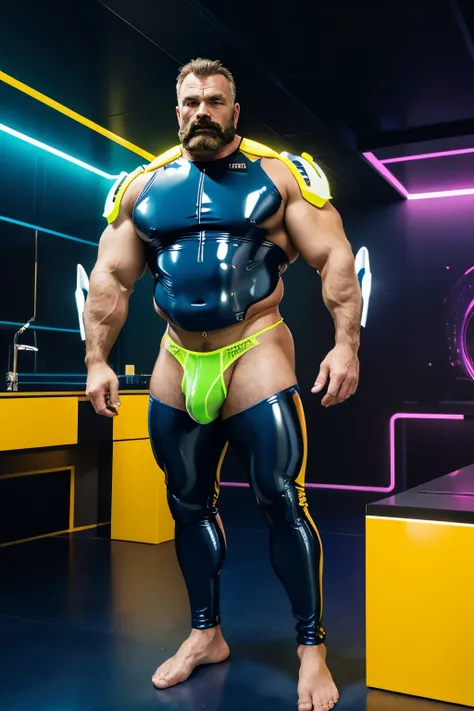 full body portrait, strong burly hairy mature older man, broad shoulders, round belly, thick feet, bulging micro thong, barefoot, scifi spaceship captain uniform, neon lights, best quality elegant masterpiece, face looks like Howie Long, mustache, latex, w...