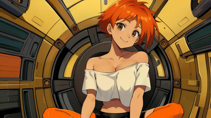 Edward,midriff,orange hair,white shirt,off shoulder,collarbone,tan skin, black bike shorts,goggles, brown eyes, space station,engine room, upper body,sitting, (((lotus position)))smiling, breasts, cleavage (insanely detailed, beautiful detailed face, maste...