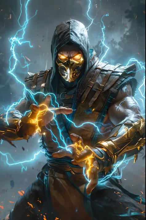 a close up of a person in a costume holding a lightning, mortal kombat 11, character from mortal kombat, scorpion from mortal ko...